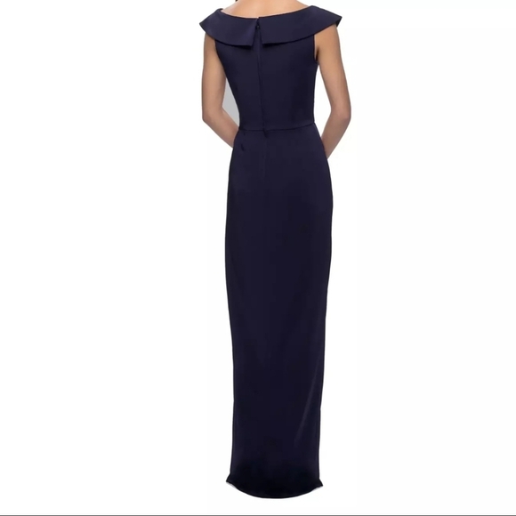La Femme Size 4 Surplice Off the Shoulder Column Gown Navy Blue Prom Bridesmaid‎ - Picture 2 of 12